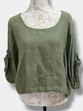 Italian Linen Top Olive Green Oversized Crop Blouse Lagenlook Made Italy